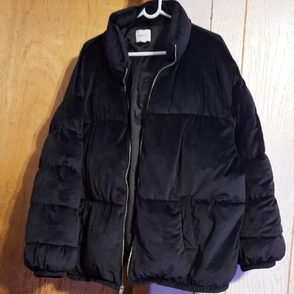 Nine West Black Velvet-Look Puffer Coat
